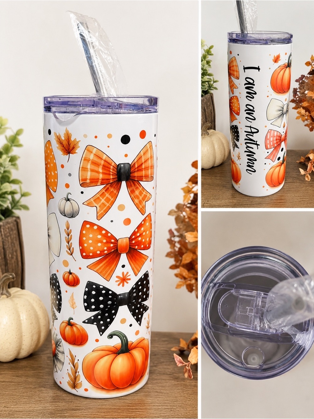 Hand Crafted Fall Bow & Pumpkin Stainless Steel Tumbler - Orange, Black, White